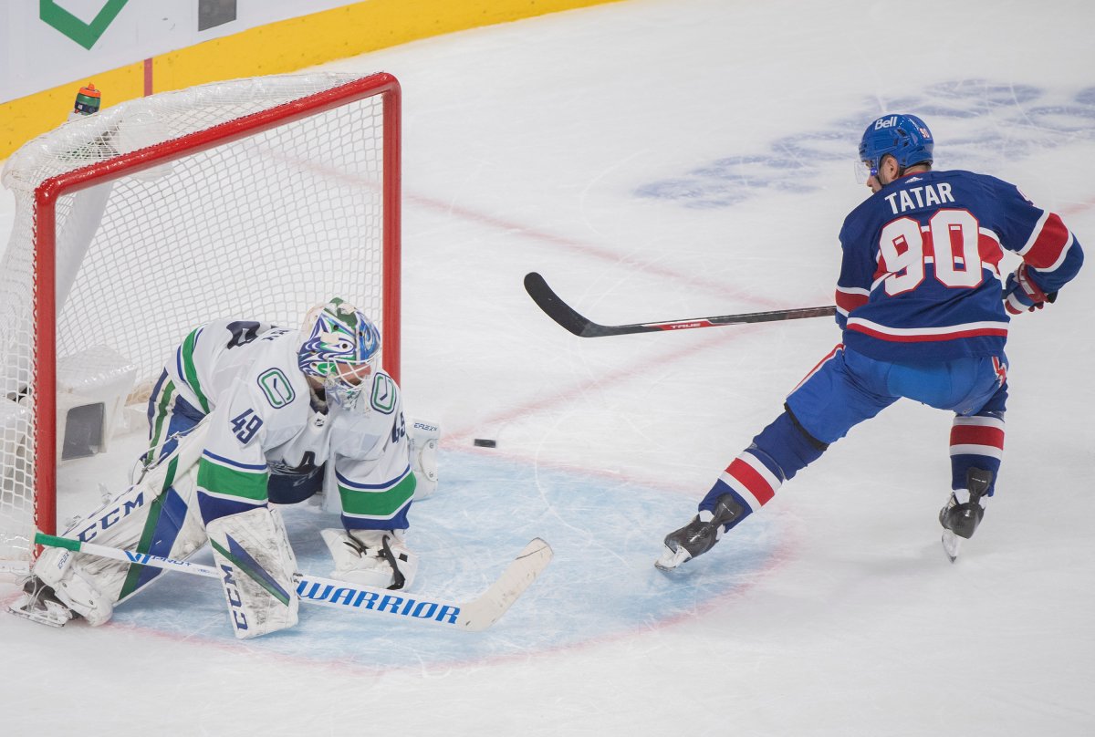 Montreal Canadiens' Tomas Tatar scores against Vancouver Canucks goaltender Braden Holtby during shootout NHL hockey action in Montreal, Saturday, March 20, 2021. 