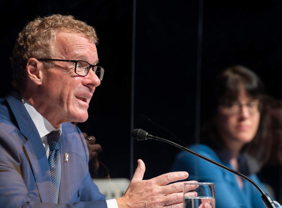 Jean Boulet, Quebec Minister of Labour and Sonia LeBel, Quebec Minister Responsible for Government Administration attend a news conference in Montreal, Sunday, March, 21, 2021, announcing an action plan for the construction industry. 