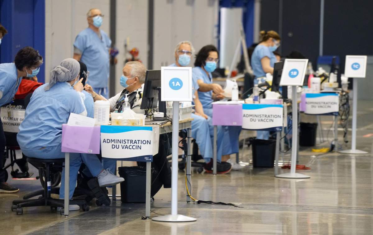 Vaccination stations in the Palais des congres ready to administer the vaccine against COVID-19 virus in Montreal, Que., Saturday, March 20, 2021. 