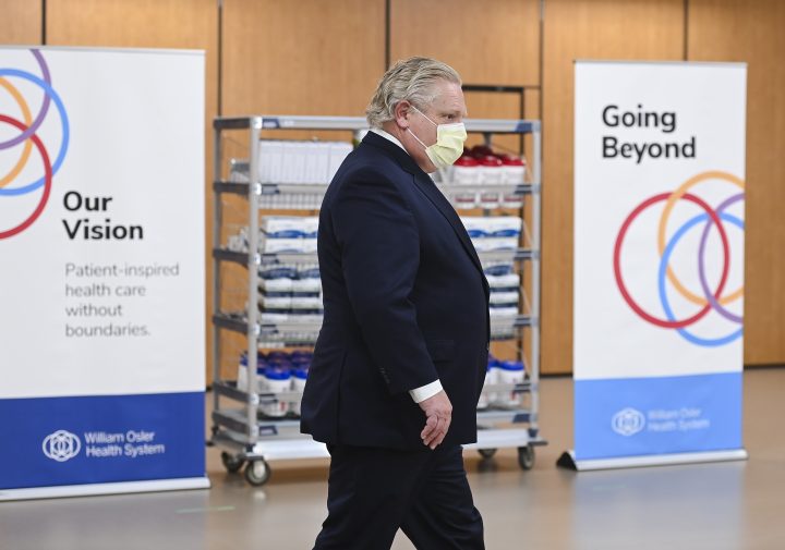 Ontario Premier Doug Ford hold a press conference after visiting the William Osler Health System - Peel Memorial Centre for Integrated Health and Wellness during the COVID-19 pandemic in Brampton, Ont., on Friday, March 26, 2021.