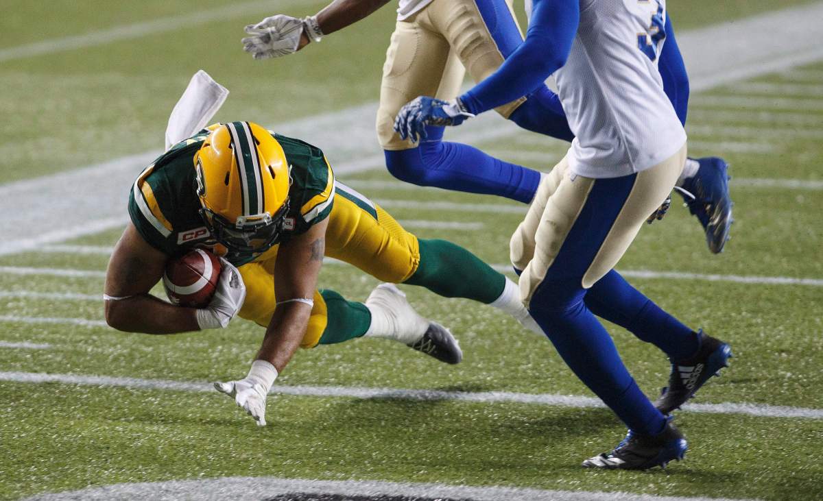 Edmonton Eskimos’ Calvin McCarty (31) dives in for the touchdown against the Winnipeg Blue Bombers during second half CFL action in Edmonton, Alta., on Saturday, Sept. 30, 2017.