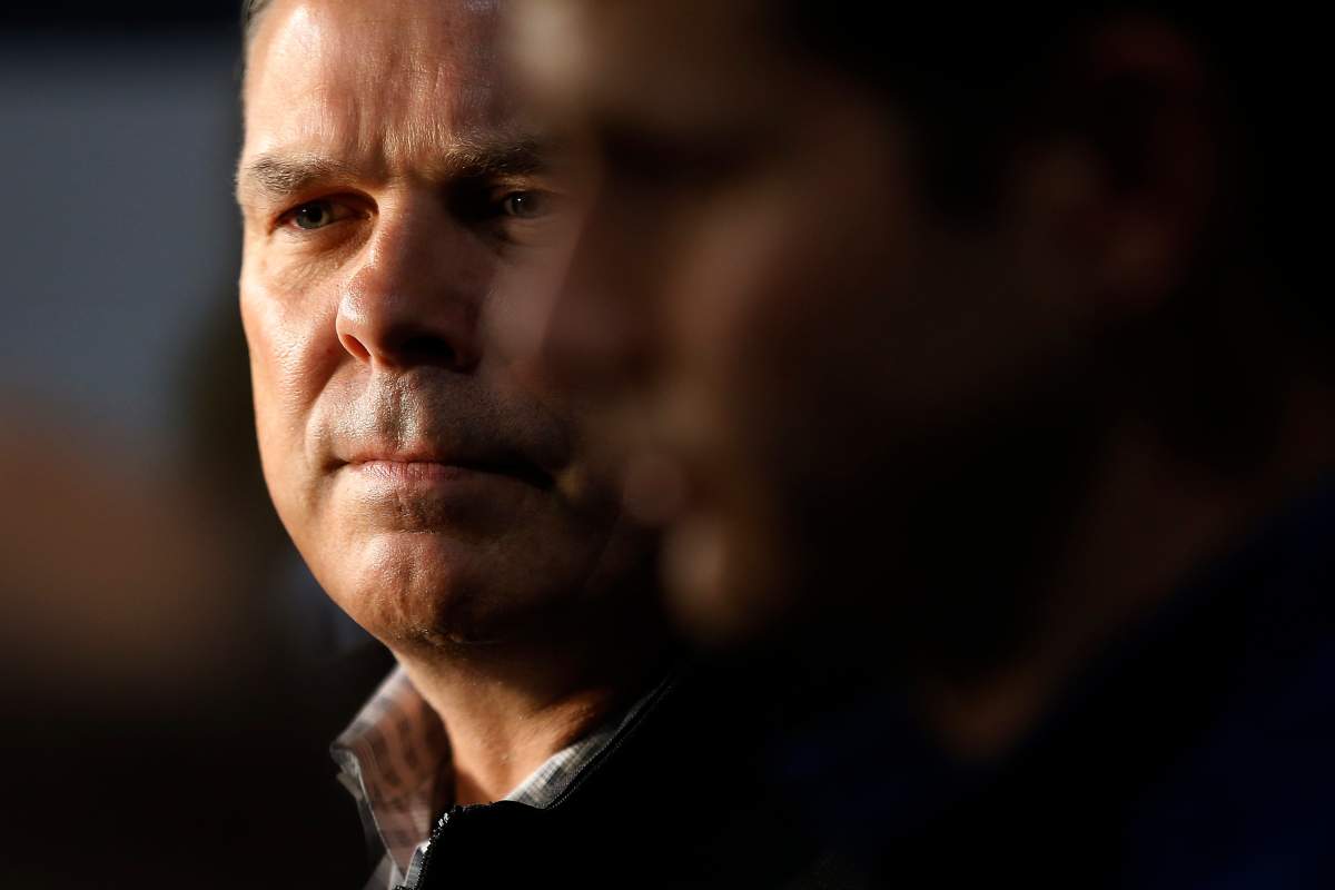 Winnipeg Jets general manager Kevin Cheveldayoff talks to media during the first day of the Jets NHL training camp in Winnipeg, Friday, Sept. 13, 2019. THE CANADIAN PRESS/John Woods.