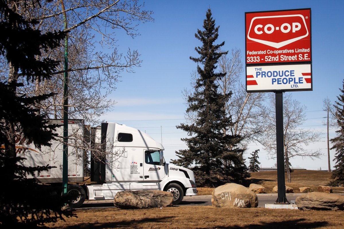 A truck is shown at the Federated Co-op warehouse in Calgary, Alta., on Friday, March 27, 2020. 
