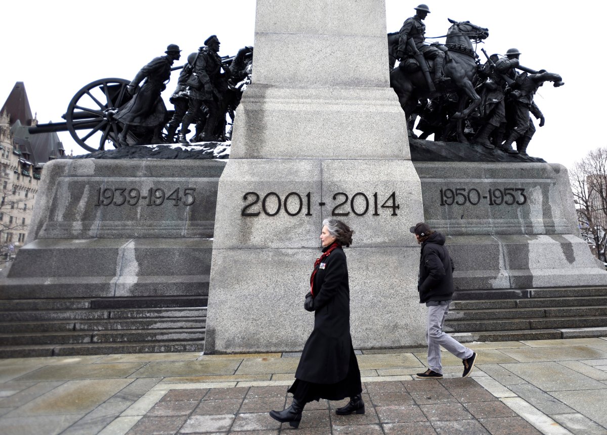 The years of Canada's mission in Afghanistan are seen on the National War Memorial after a ceremony honouring Canadians who served and died during that mission, in Ottawa on Sunday, March 31, 2019. 