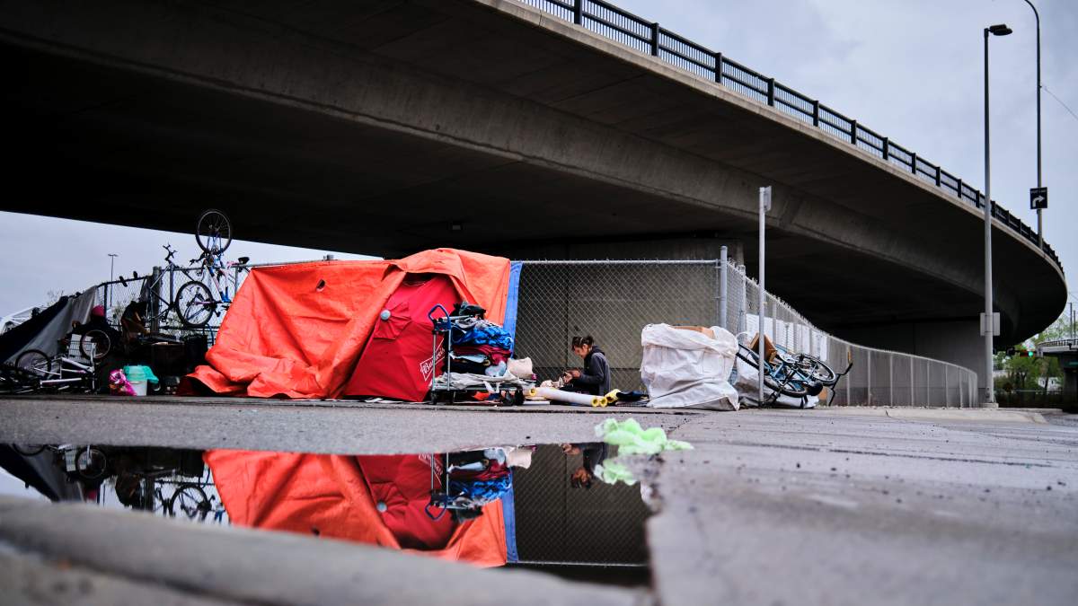 A homeless camp is shown under an overpass in Calgary, Alta., Wednesday, May 20, 2020, amid the COVID-19 pandemic.