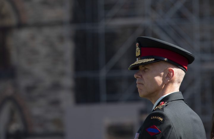 Lieutenant-General Wayne Eyre listens to speakers during a change of command parade for the Canadian Army on Parliament Hill Tuesday, August 20, 2019 in Ottawa.