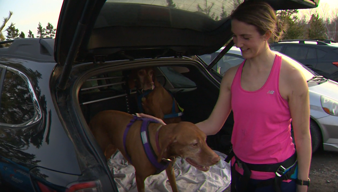 Chantal Veinotte and one of her dogs, Jack, are seen on Wednesday, March 24, 2021.
