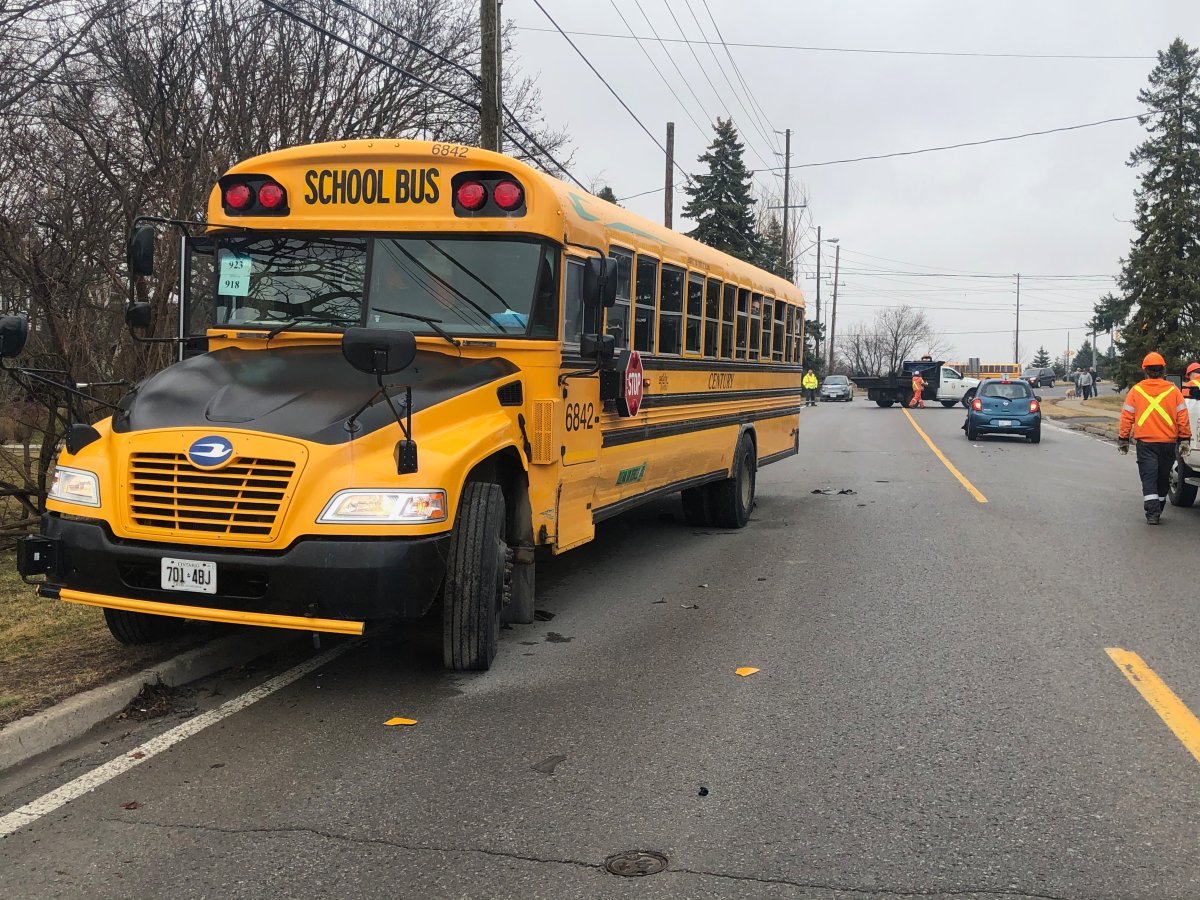 No injuries were reported after a car collided with a school bus in Port Hope on Friday afternoon.