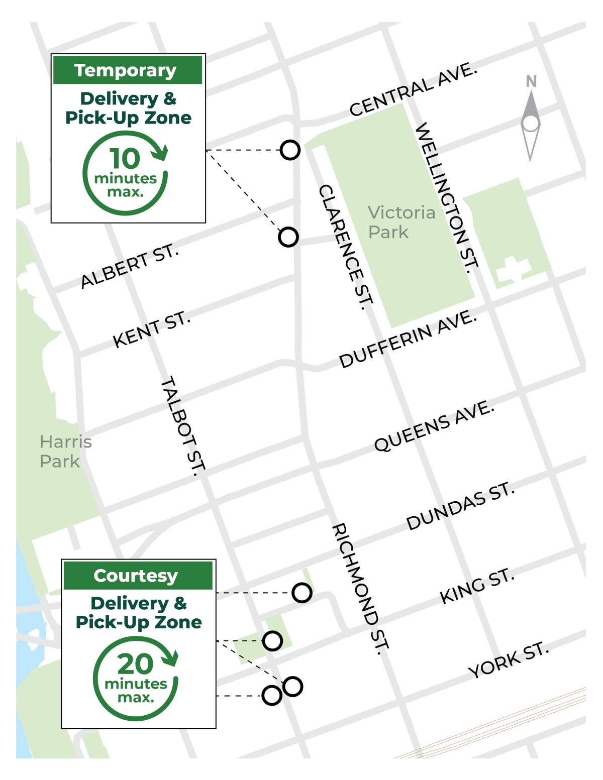 Map showing new “park & pick-up” parking locations downtown. (note: some locations have multiple spots)