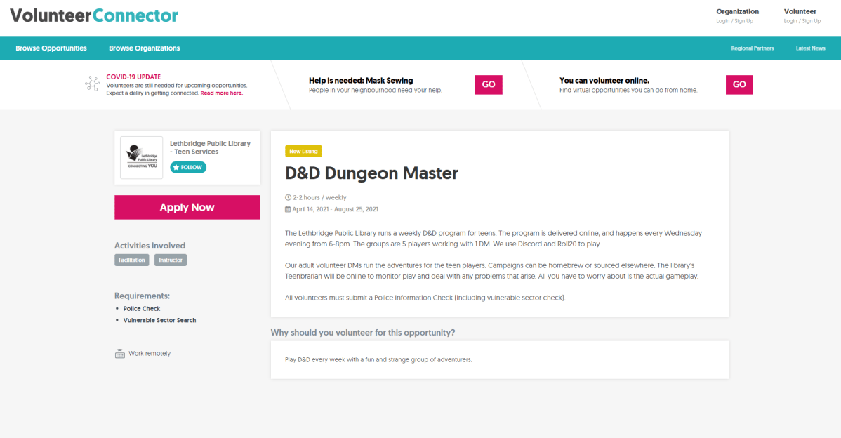 A posting for a volunteer Dungeon Master for the Lethbridge Public Library