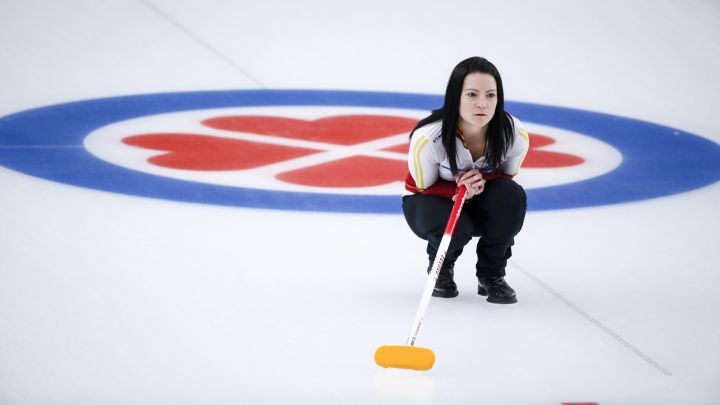 Team Canada skip Kerri Einarson watches her shot against Team Ontario in the final at the Scotties Tournament of Hearts in Calgary, Alta., Sunday, Feb. 28, 2021.