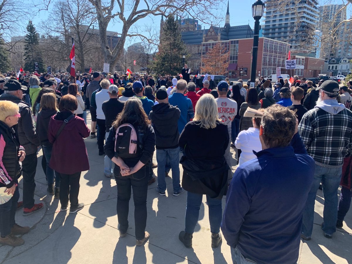 Supporters gather in Victoria Park for an anti-masking rally held in London, Ont., on March 21, 2021.