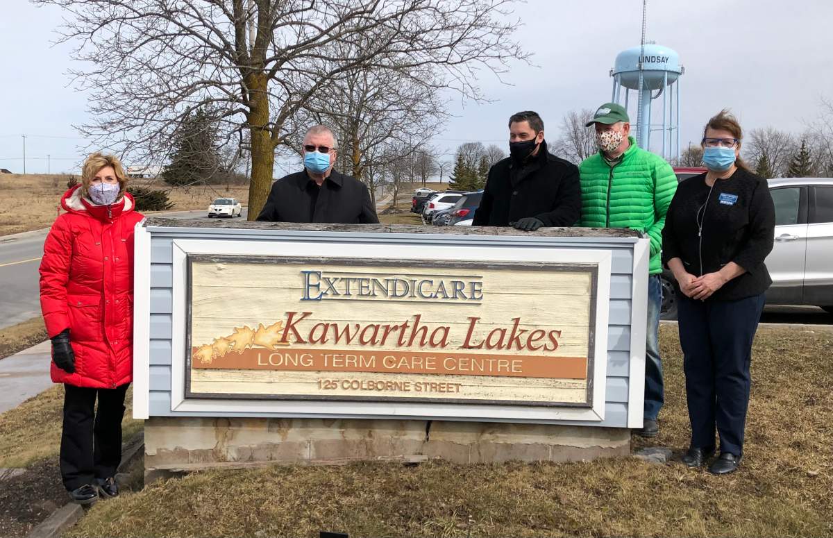 Haliburton-Kawartha Lakes-Brock MPP Laurie Scott, from left, City of Kawartha Lakes Coun. Pat Dun, HKLB MP Jamie Schmale, Deputy Mayor Patrick O’Reilly, and Nancy Rooney, of Extendicare Kawartha Lakes mark the province's announcement of expansion at the long-term care home.