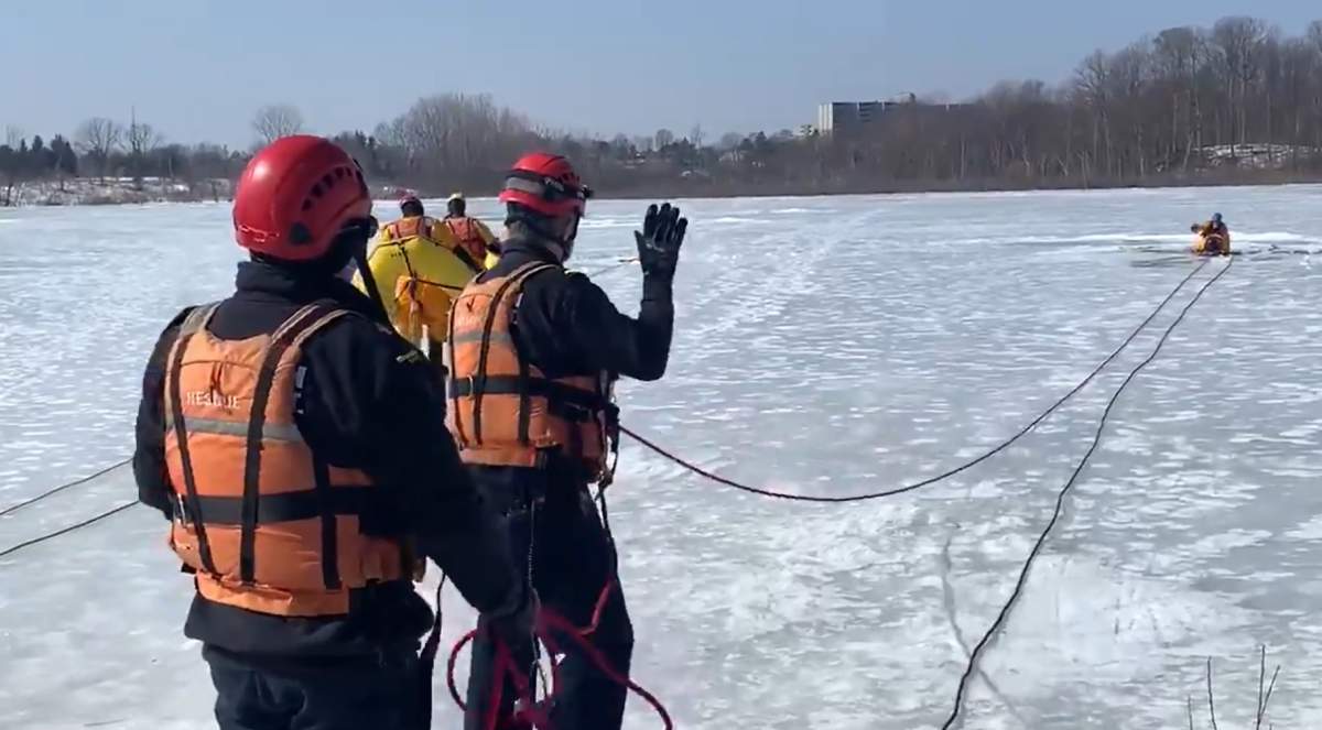 London Fire fighters take part in Ice Water training Wednesday afternoon. They would put that training to a test hours later, rescuing a woman from the Thames River.