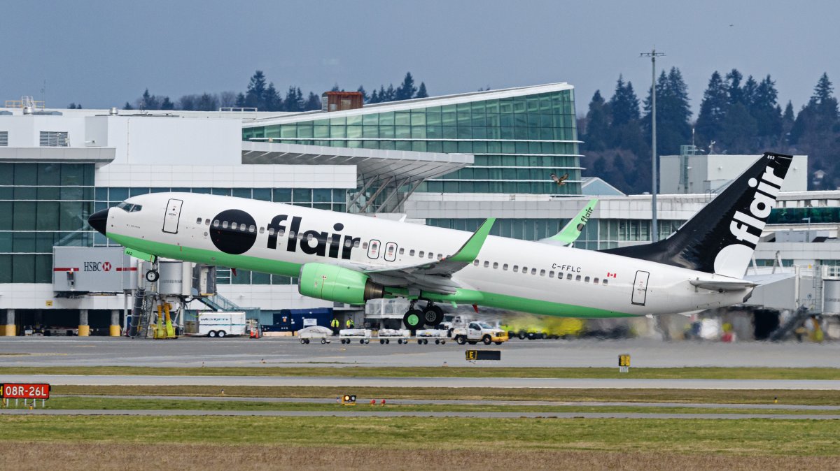 A Flair Airlines Boeing 737-800 jet (C-FFLC) takes off from Vancouver International Airport, Richmond, B.C. on Friday, March 5, 2021. 