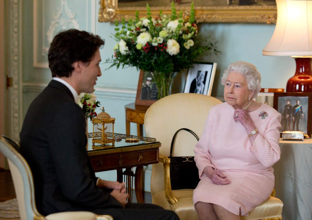 Prime Minister of Canada Justin Trudeau meets Queen Elizabeth II during a private audience at Buckingham Palace on November 25, 2015 in London, England.