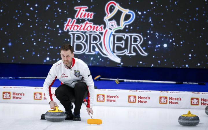 Team Canada skip Brad Gushue warms-up at the Brier in Calgary, Alta., Friday, March 5, 2021.