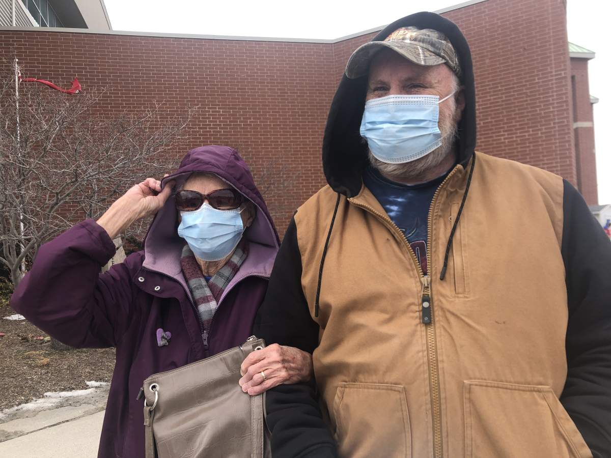 Ninety-four-year-old Margaret Gray with her son after getting vaccinated at the Western Fair Agriplex Saturday. March 6, 2021