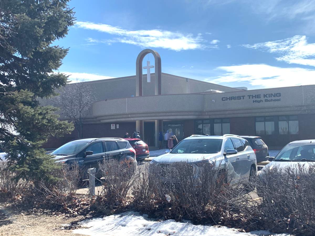 Christ the King school in Leduc, Alta. on March 15, 2021, where a 17-year-old girl was fatally stabbed.