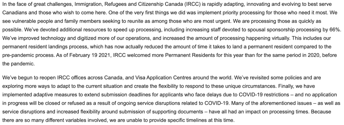 IRCC statement to Global News