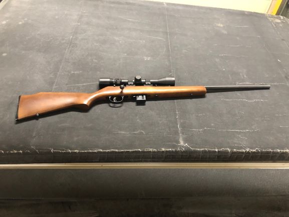 A firearm Manitoba Mounties say they seized during a pair of raids on Friday.