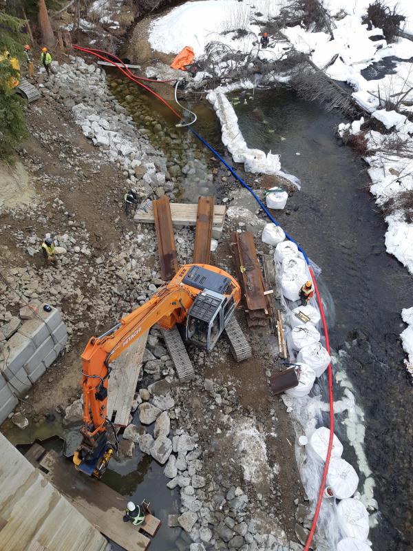 According to the regional district, repair work includes repairs to a failing fill slope below an abutment and repairs to a pier that has been scoured by the river.