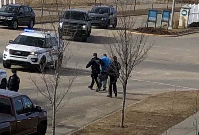A suspect being arrested by RCMP in Leduc, Alta. on Monday, March 15, 2021.