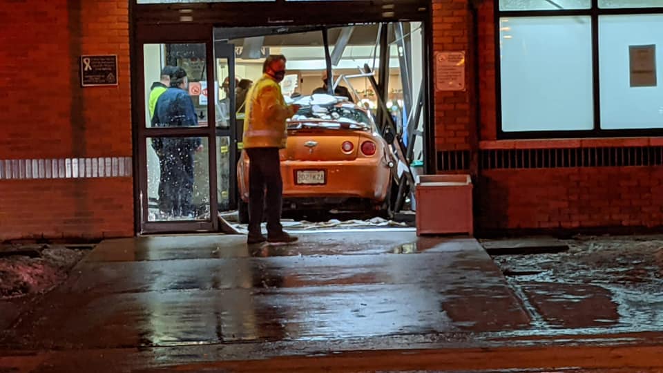 A car crashed into the Lloydminster Hospital on the Saskatchewan side of the border city on Wednesday, March 17, 2021.