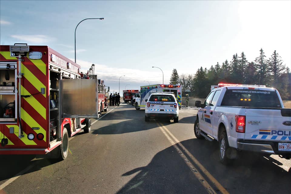 RCMP and M.D. of Taber Fire Service respond to a head on collision on Sunday.