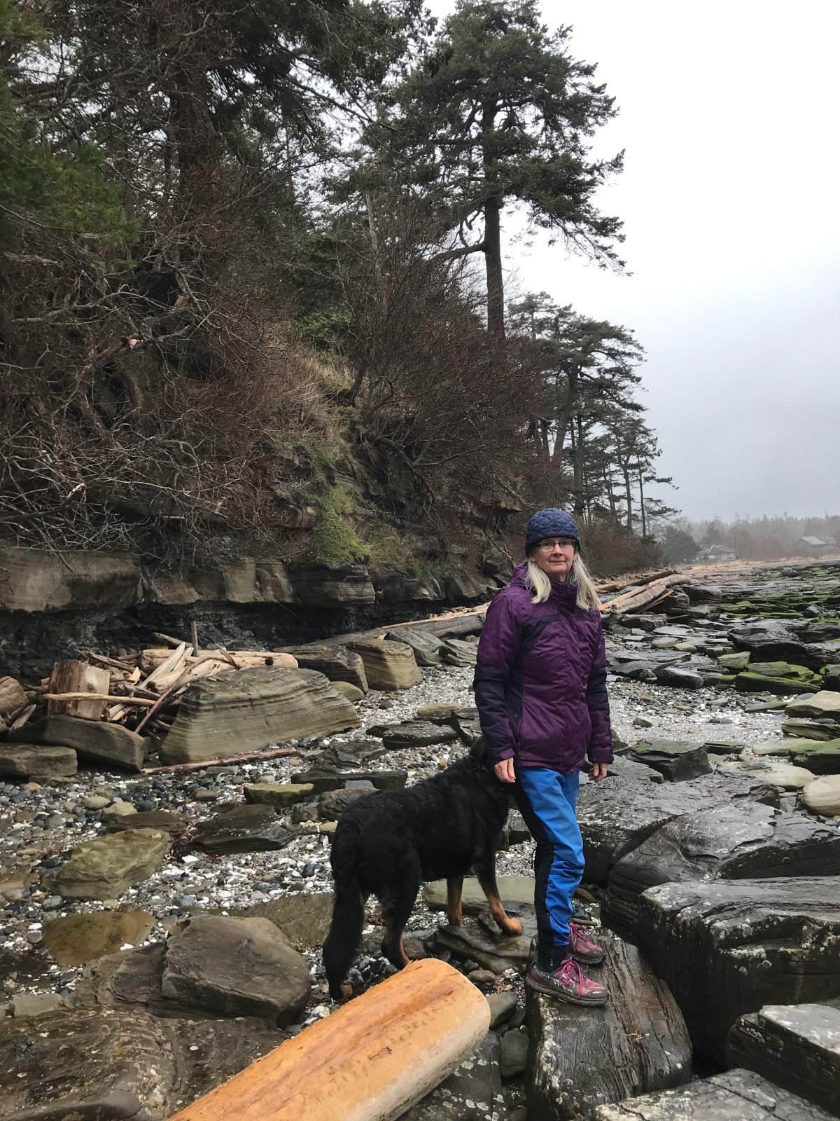 Meg Savory and her dog Cuska often scour the beach at Dunlop Point, Hornby Island, for trash to properly dispose of. (Submitted)
