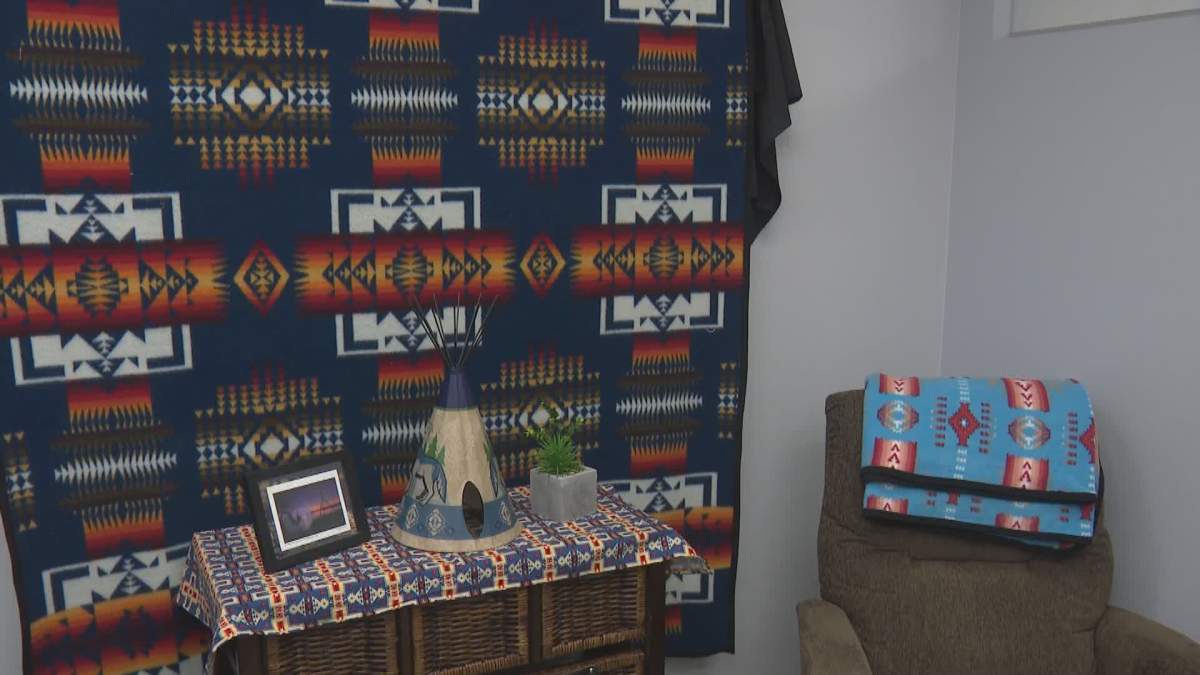 Indigenous artwork is seen in a COVID-19 vaccination clinic set to open at the Aboriginal Friendship Centre of Calgary on Monday.