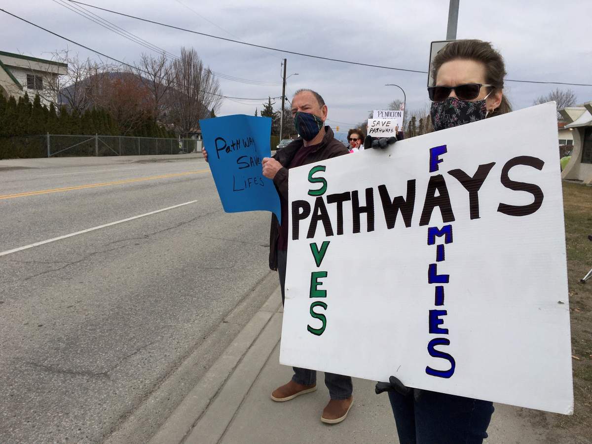 Supporters rally to save Pathways Addictions Resource Centre in Penticton, B.C. on Sunday, Mar. 14, 2021.