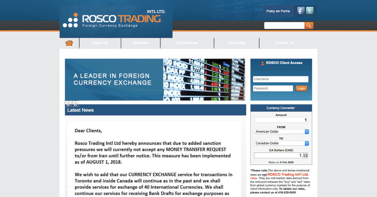 A screengrab from the Rosco Trading website saying the company is no longer conducting transfers to or from Iran due to sanctions.