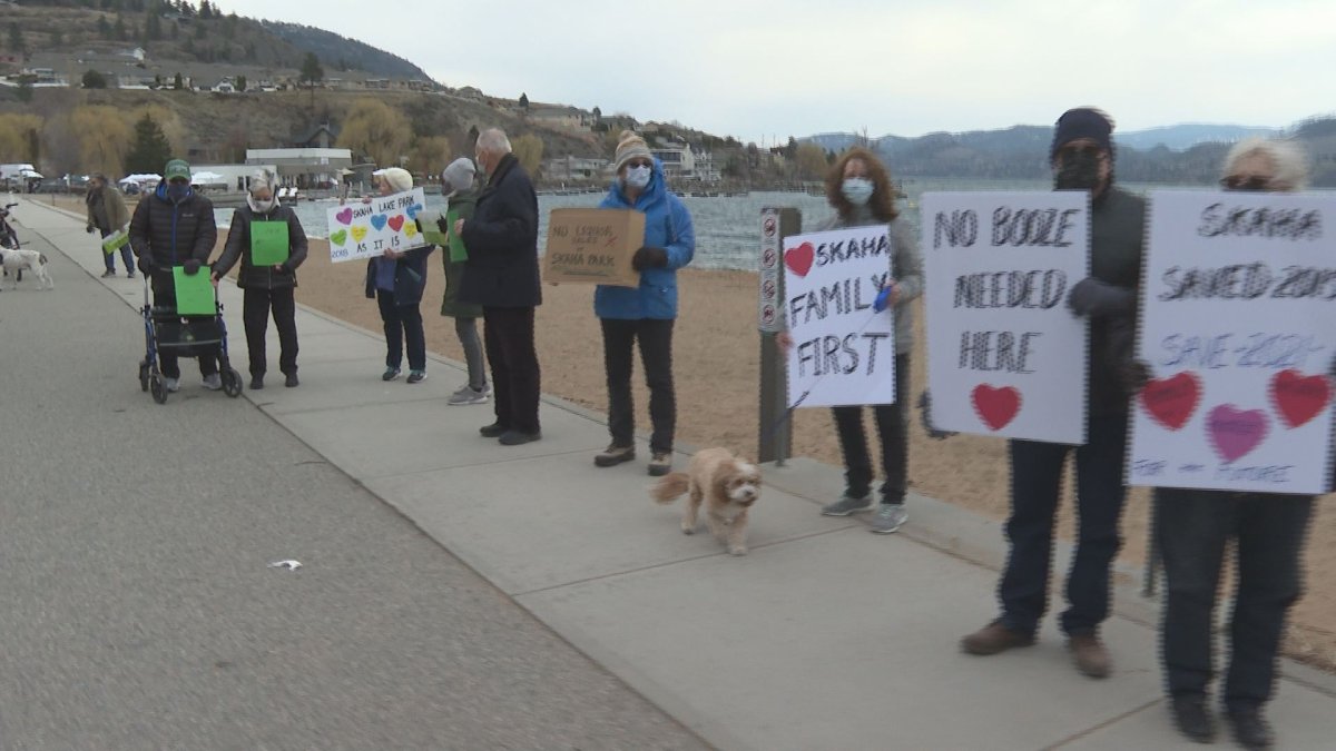 A small rally was held in Skaha Lake Park on Sunday to oppose liquor sales and commercialization in the park. 