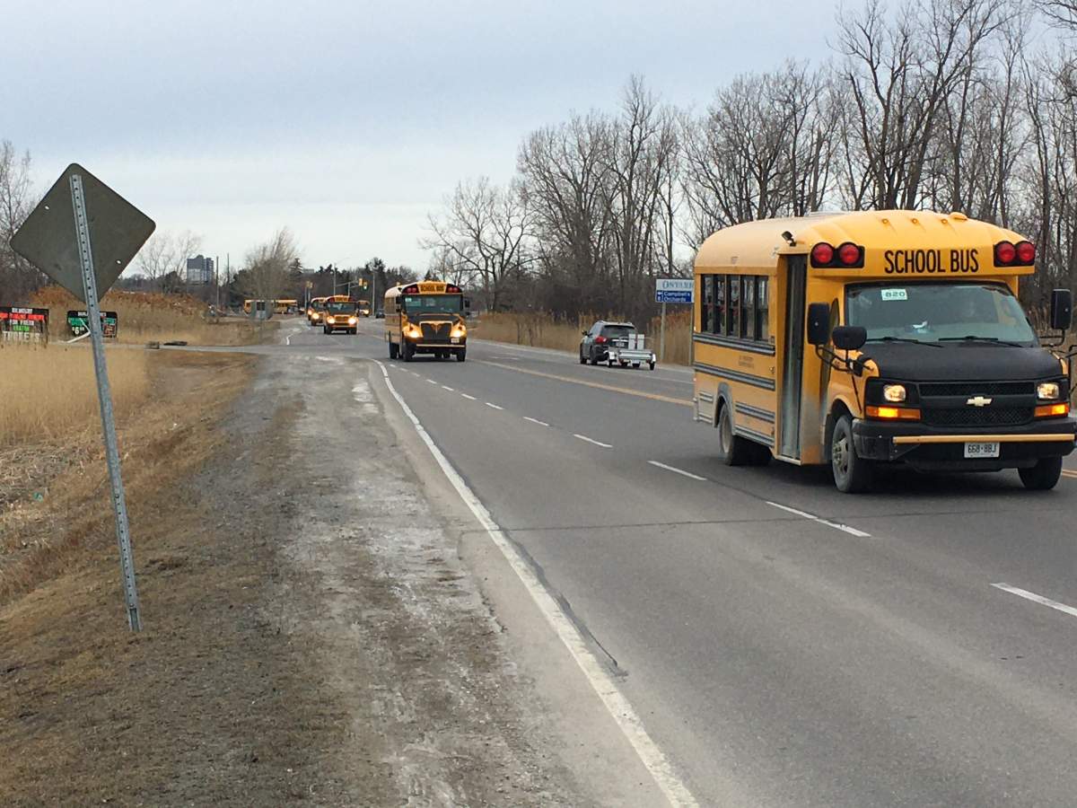 Bus operators in the Quinte region took part in a drive-by protest outside offices of two local MPPs Tuesday.