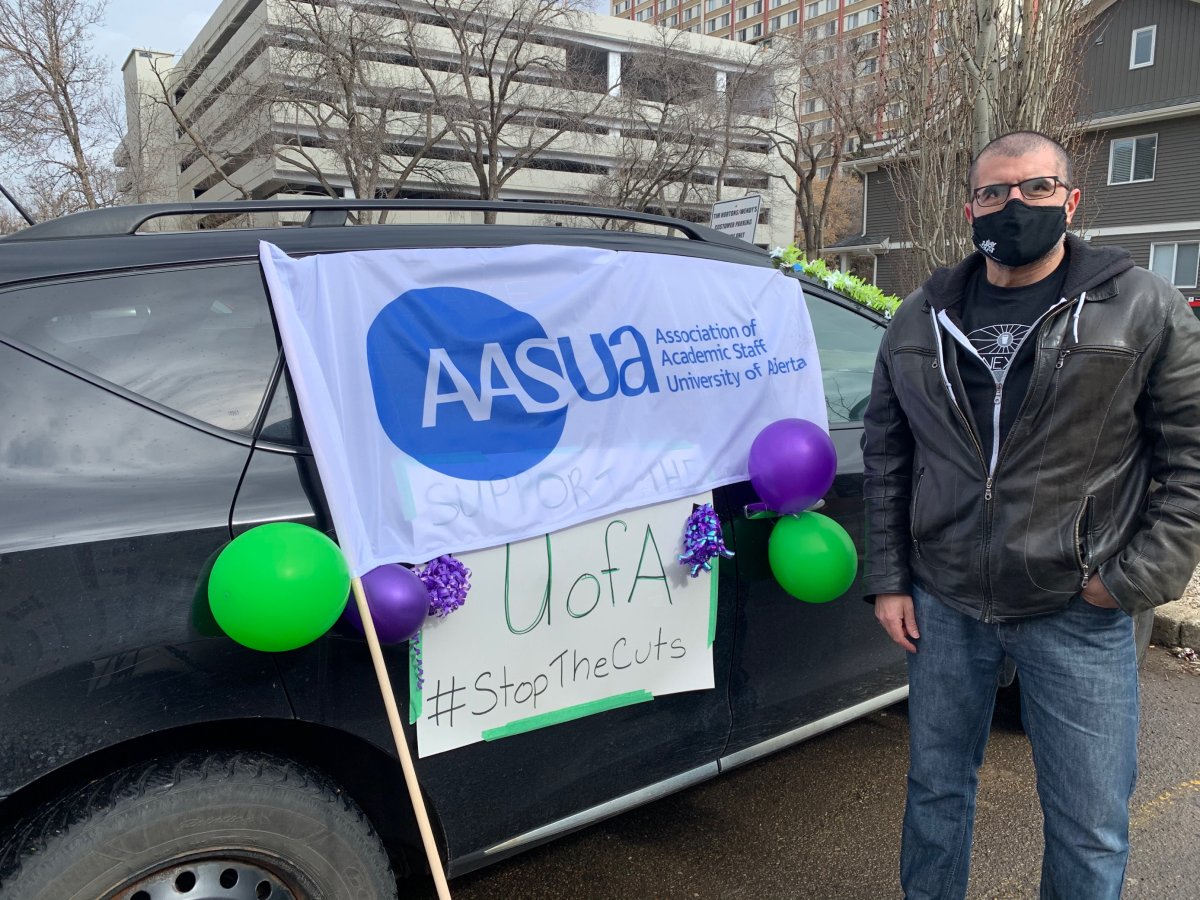 University of Alberta members hold rally in protest of budget cuts to post-secondary institutions, March 27, 2021. 