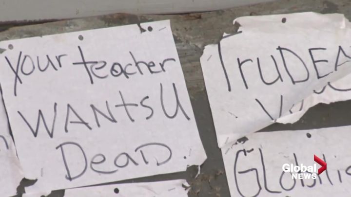 Police are investigating after complaints were made about hateful and racist signs on a residential property in Vermilion, Alta. This photo shows two of the signs but Global News has chosen not to show the signs that include racial slurs and misogynistic messages.