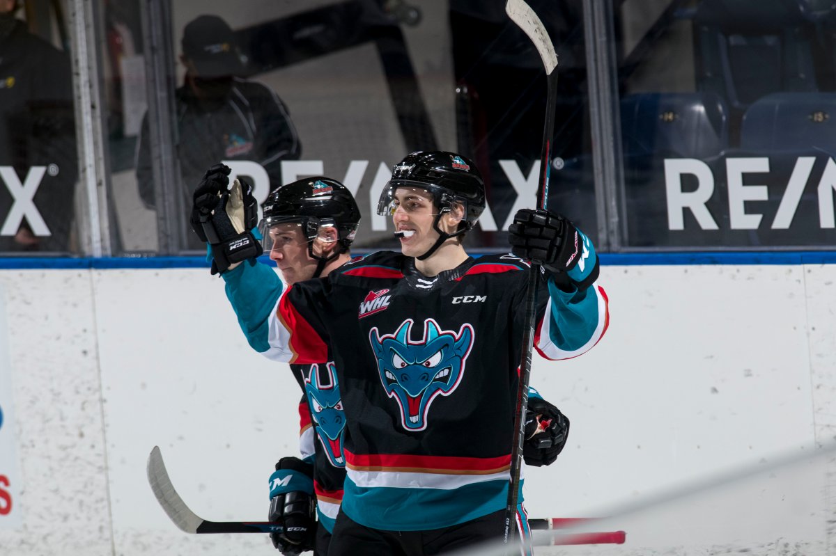 Steel Quiring of the Kelowna Rockets celebrates a goal during his team’s 5-0 win over the Victoria Royals at Prospera Place on Friday night.