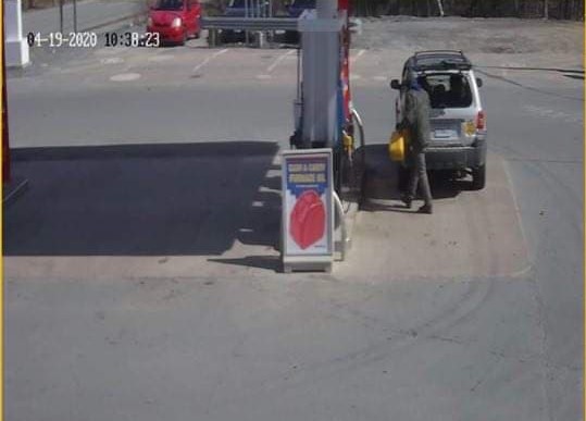 Surveillance image taken at Milford gas station showing Joey Webber and what appears to be a 2007 Ford Escape. April 19, 2020.