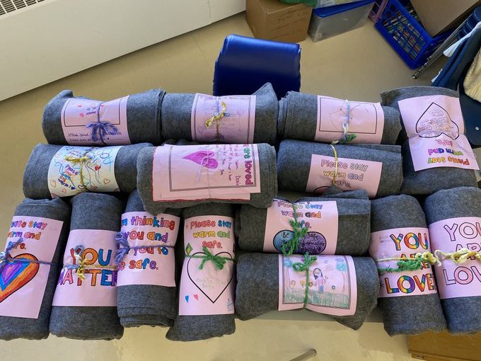 Blankets of Hope ready to go at Children of St. Martha School in Lethbridge.