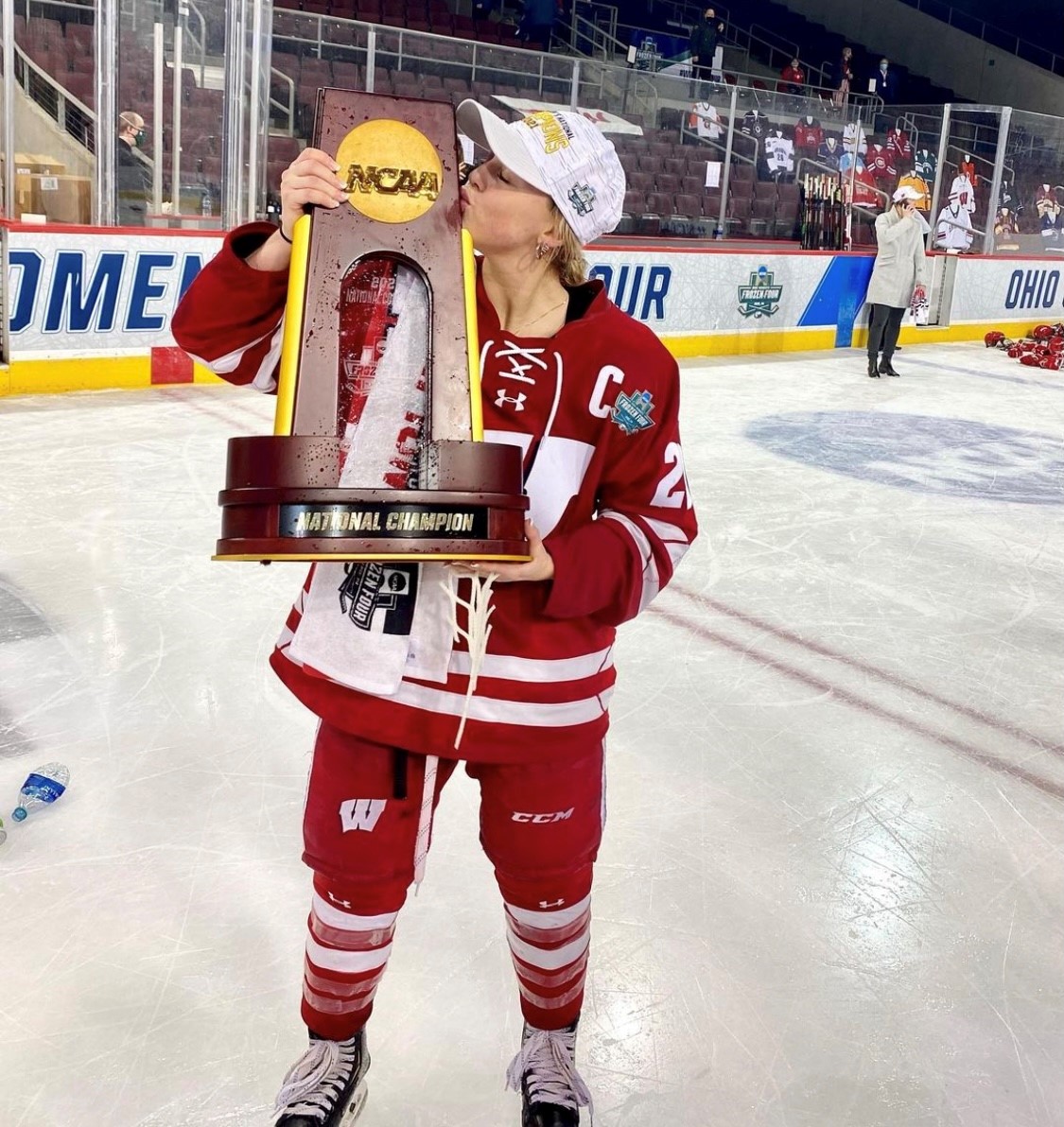 Wisconsin Badgers co-captain Brette Pettet celebrates the team's NCAA championship win on Saturday, March 20.