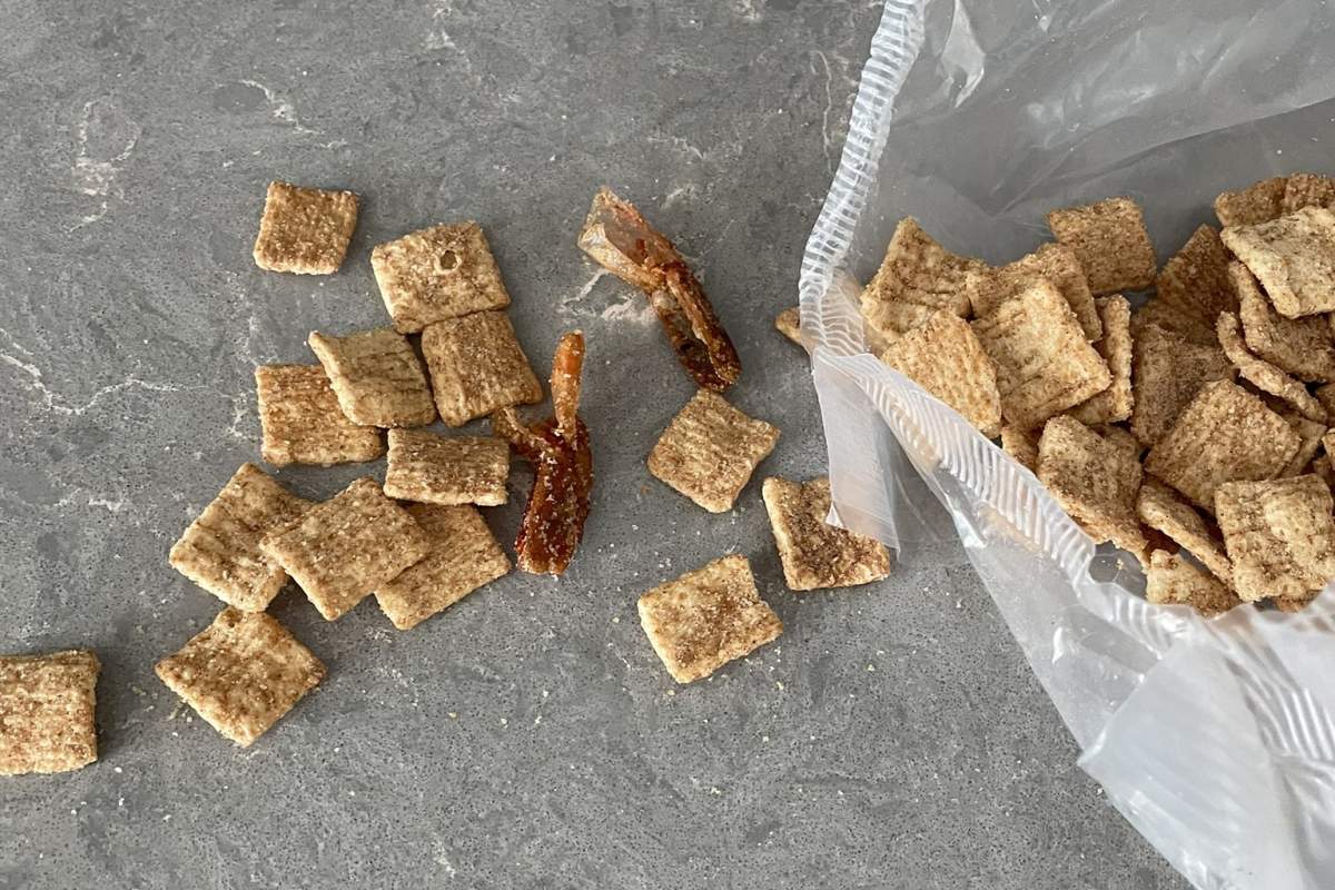 Comedian Jensen Karp claims he found shrimp tails in his Cinnamon Toast Crunch, in this image tweeted on Mar. 22, 2021.