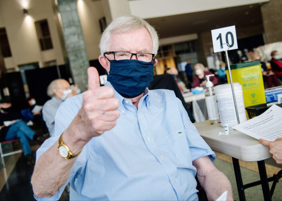 Joe Clark, the 16th prime minister of Canada, received a COVID-19 vaccine in Ottawa on Tuesday.