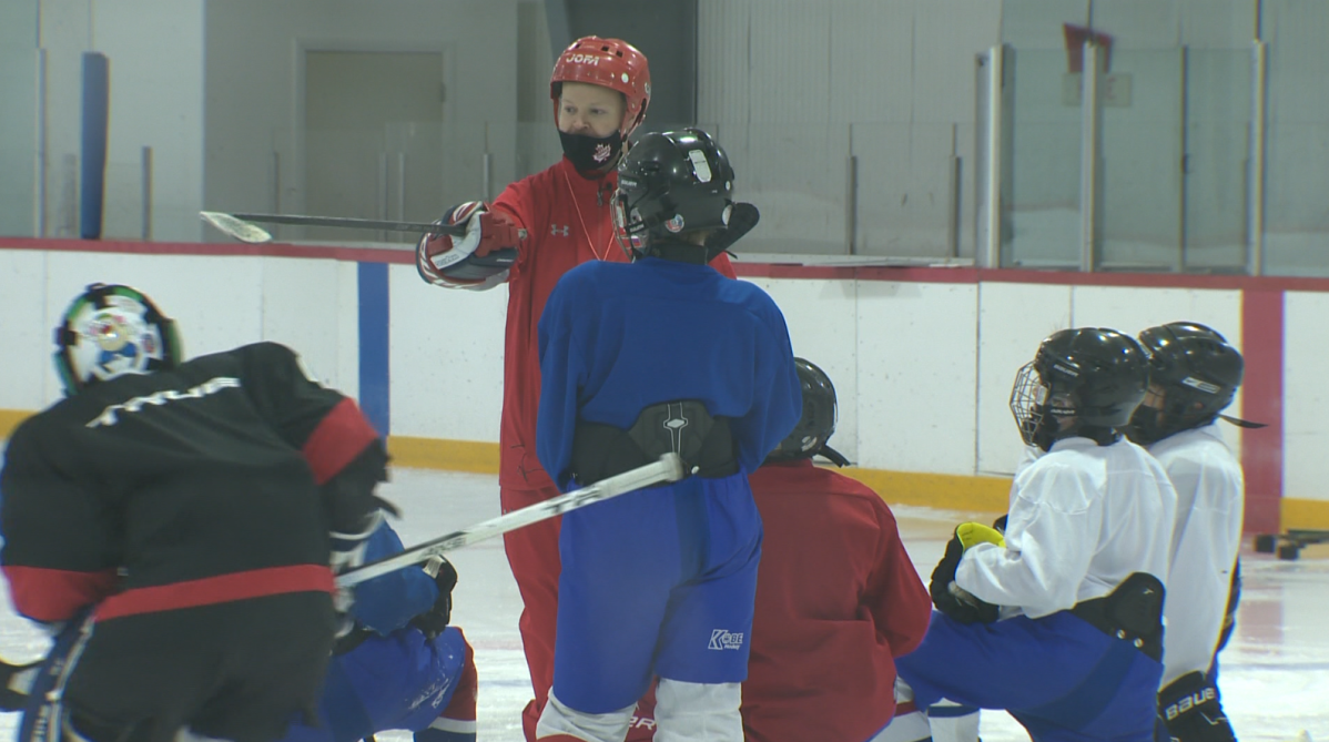 Head coach Reece Cretton instructing his U13 St. James Canadiens team at Allard Arena.