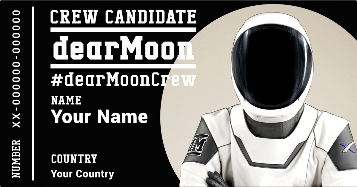 A blank crew card for Yusaku Maezawa’s ‘dearMoon’ mission is shown.