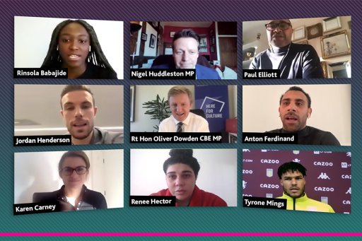 Oliver Dowden, the U.K.’s secretary of state for digital, culture, media and sport, met with current and former soccer players to discuss discrimination and abuse in soccer. (U.K. government)