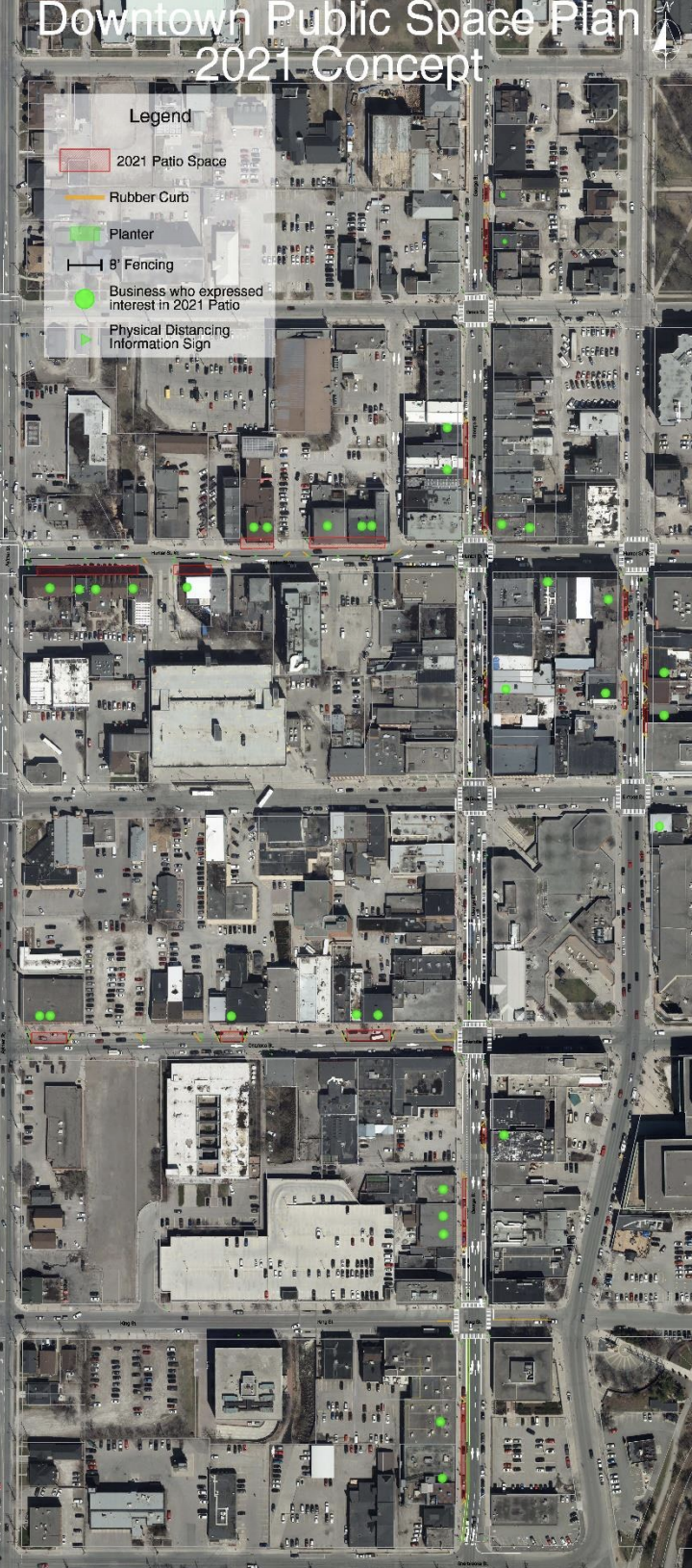 Proposed layout of COVID-19 protocols for downtown Peterborough in 2021.