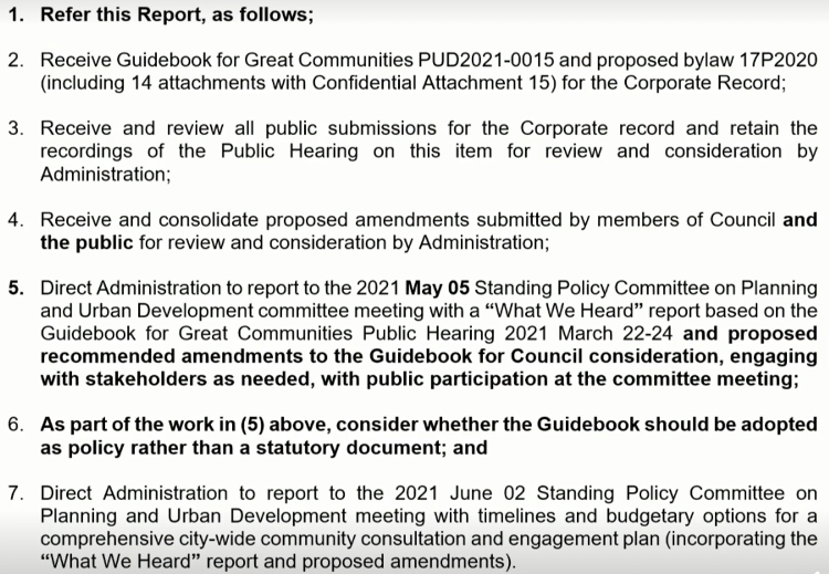 Text from the motion approved by Calgary City Council regarding the Guidebook for Great Communities, on March 24, 2021.