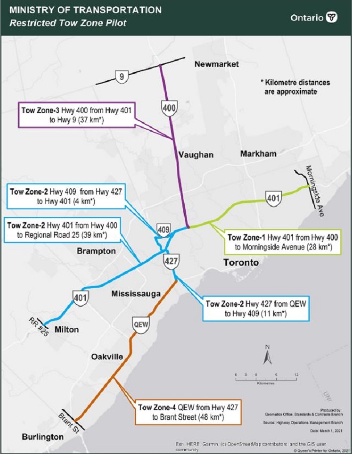A map of the tow zone locations in the Greater Toronto Area.