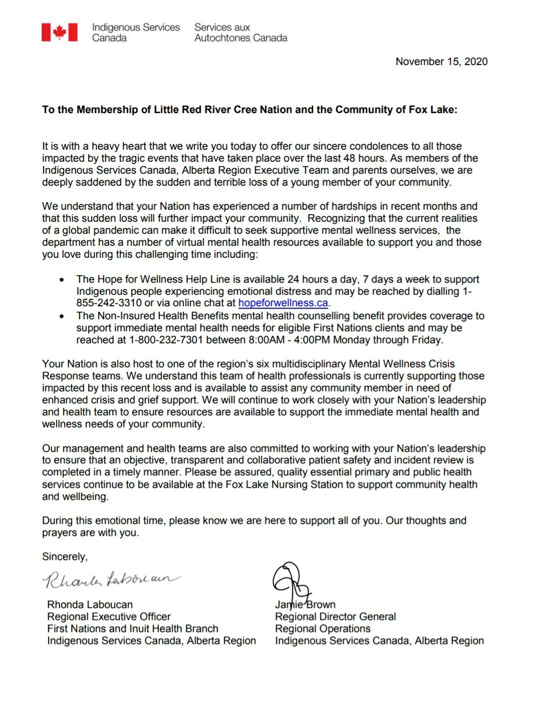 Letter sent to Little Red River Cree Nation from Indigenous Services Canada days after Harlen died